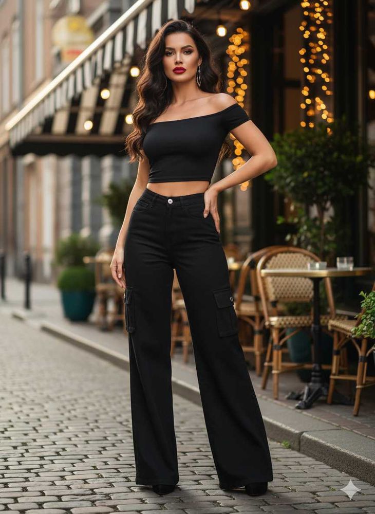 I@45 Size-28 Black Wide Leg Cargo Pants