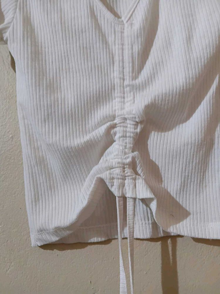 White Ribbed Drawstring Crop Top