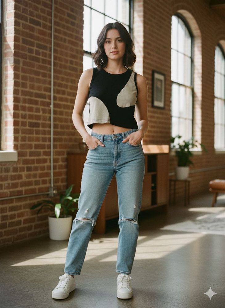 Unique Black &amp; Beige Crop Top It is Fit S To M