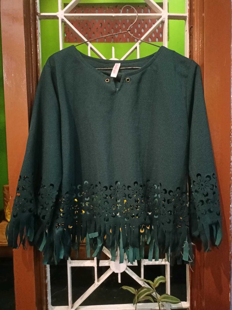 Green Fringe Detail Long Sleeve Top
