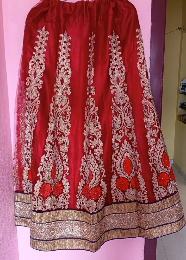 Red &amp; Gold Embroidered Indian Lehenga Skirt