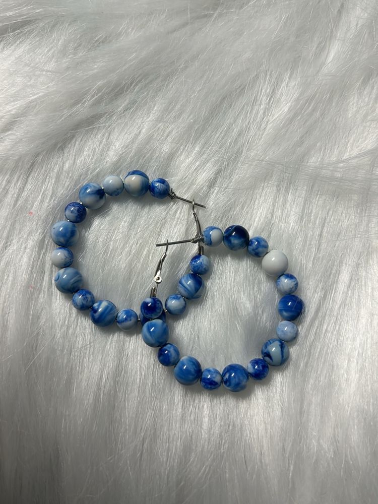 Blue &amp; White Marble Hoop Earrings
