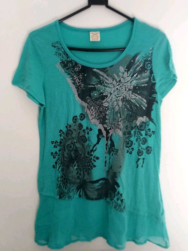 Turquoise Floral Embellished Top