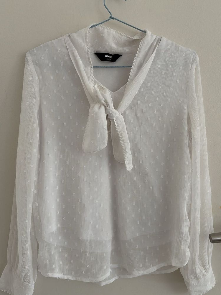 White Sheer Bow Blouse
