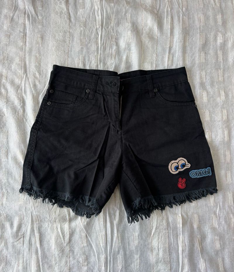 Black Denim Shorts with Patches