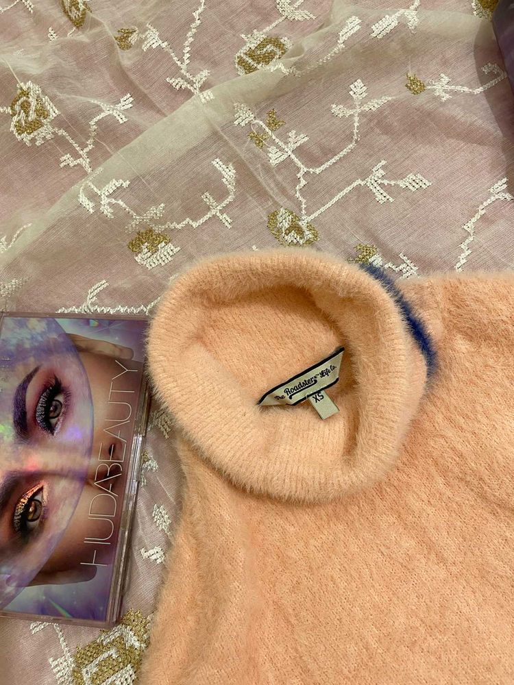 Turtle Neck Furry Sweater With Huge Bell Sleeves