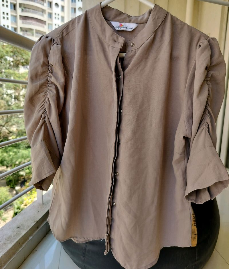 Women Grey Solid Shirt With Stylish Sleeves