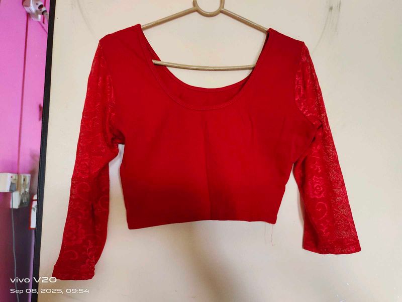 Red Lace Sleeve Blouse