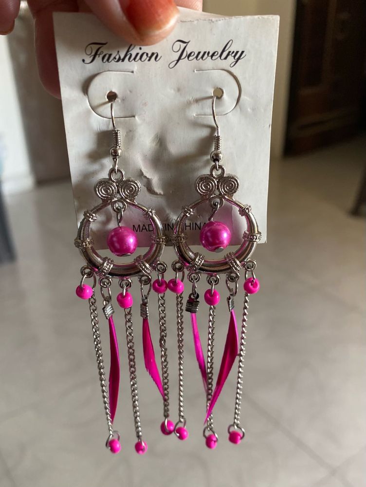 New Pink Boho Dangler Earrings with Chains &amp; Beads