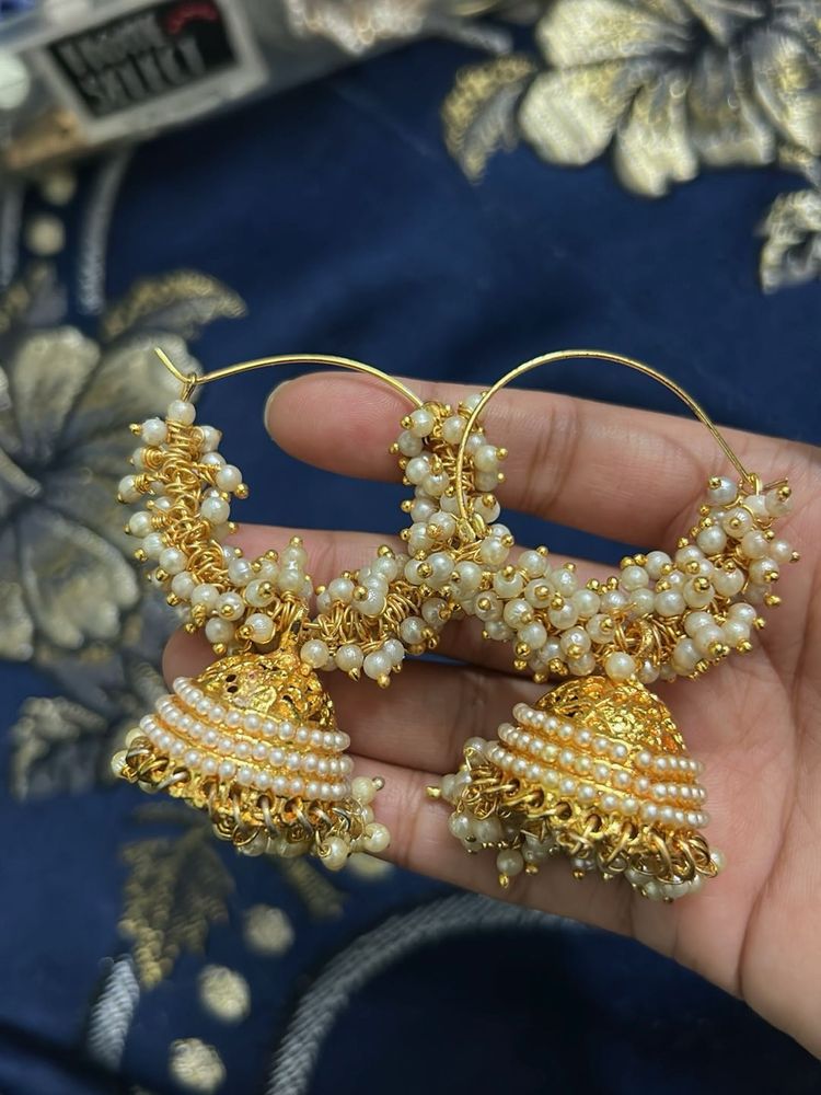 Gold Jhumka Hoop Earrings with Pearls