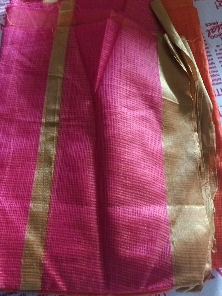 Pink &amp; Gold Woven Fabric Saree