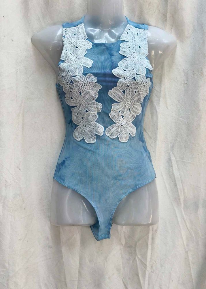 112812. Blue Floral Lace Bodysuit