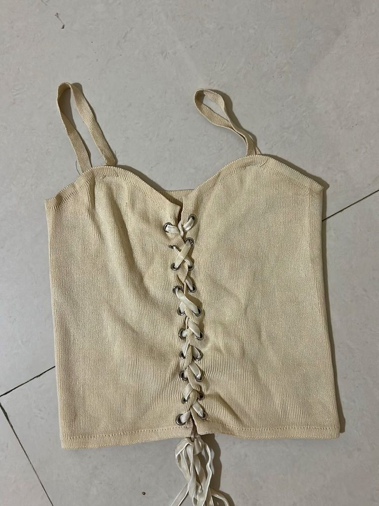 Cute Beige Lace-Up Crop Top
