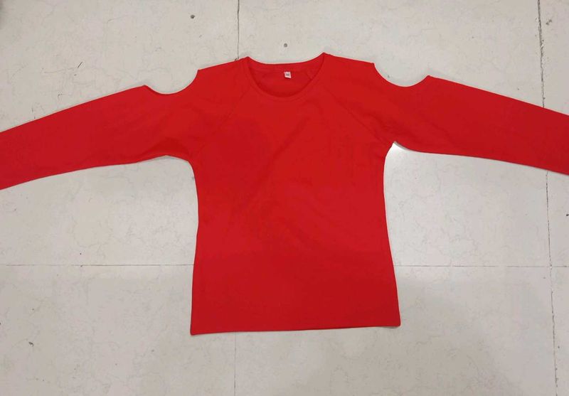 Red Cut-Out Long Sleeve Tee