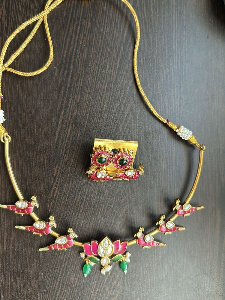 Gold Plated &amp; Pink Peacock Designed Brass Necklace