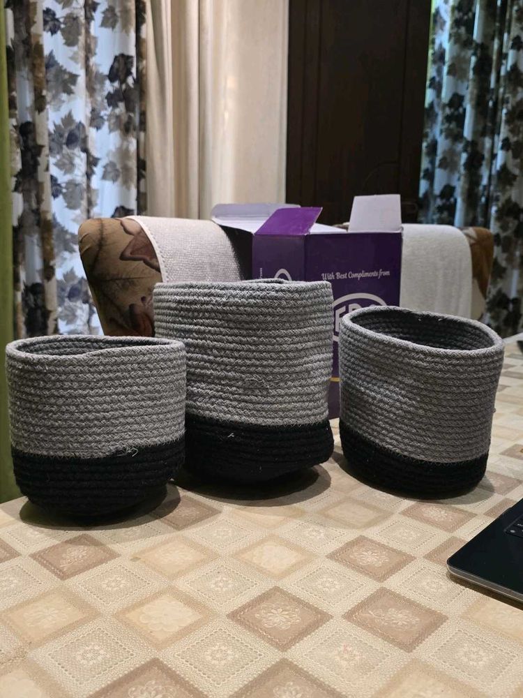 Set of 3 Gray &amp; Black Woven Baskets