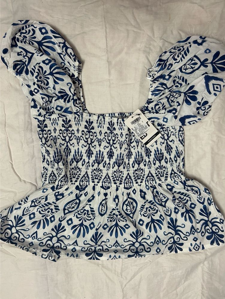Blue &amp; White Smocked Top
