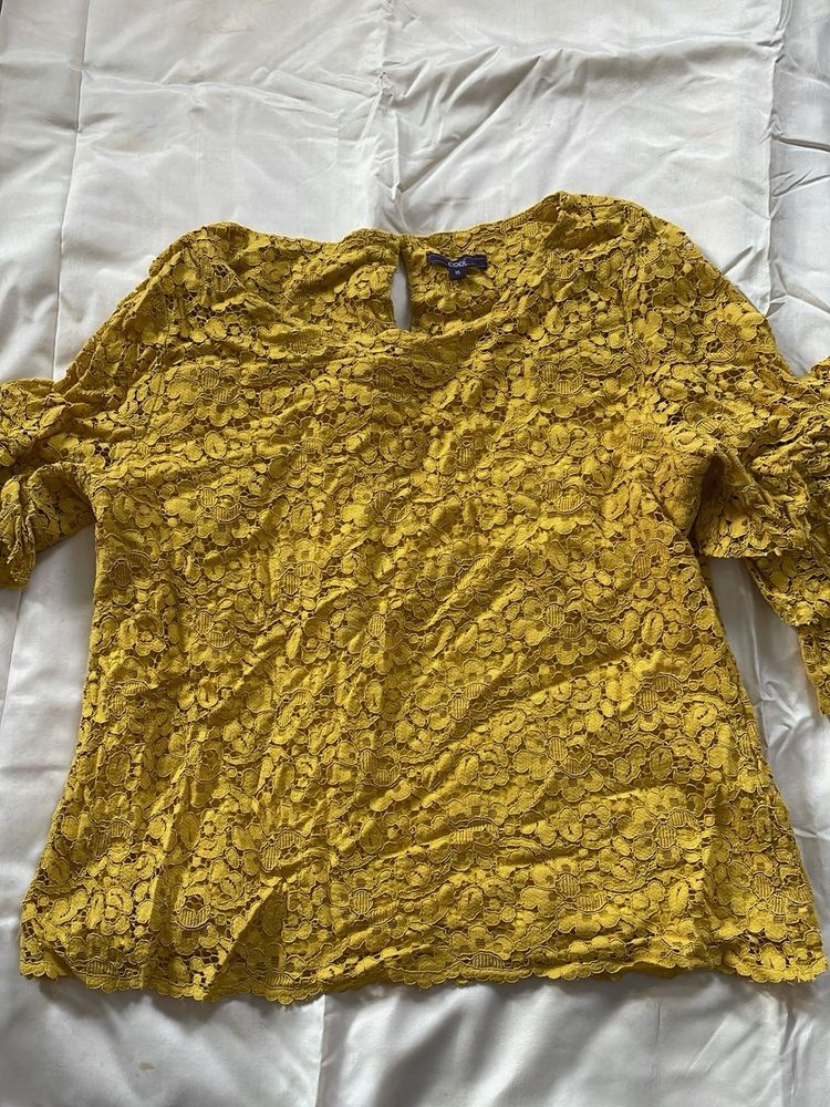 Mustard Lace Top with Ruffle Sleeves