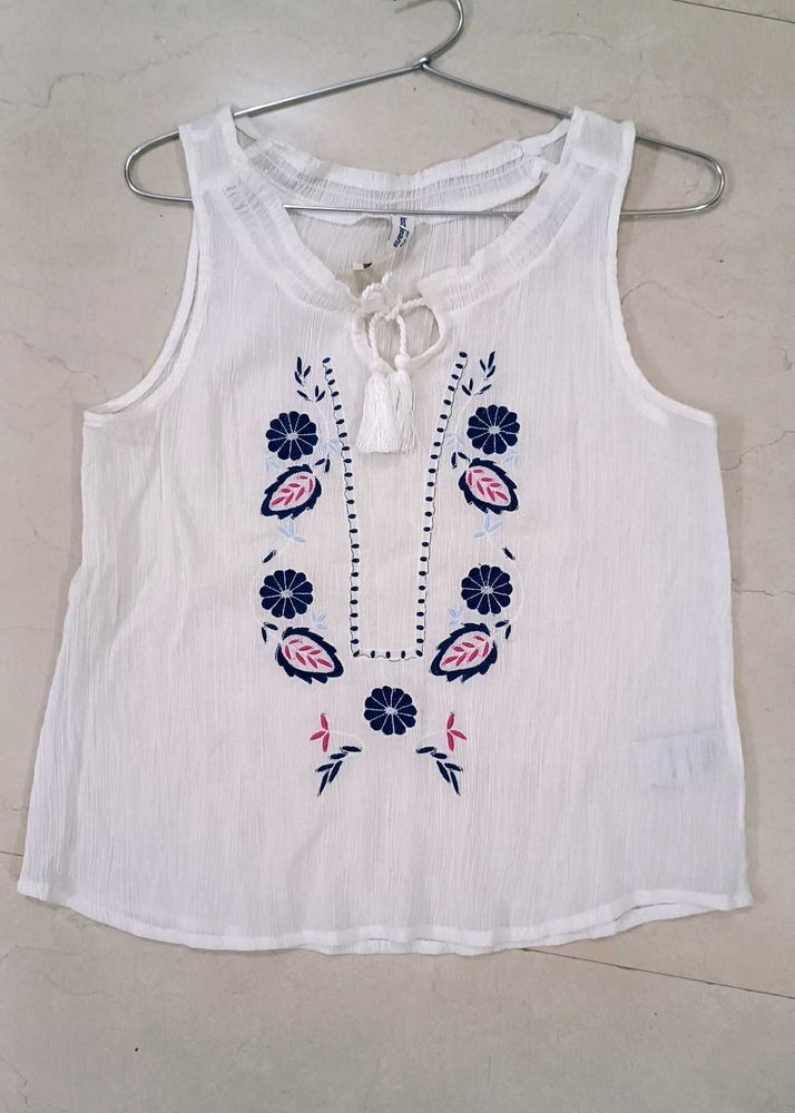 Embroidered White Tank Top
