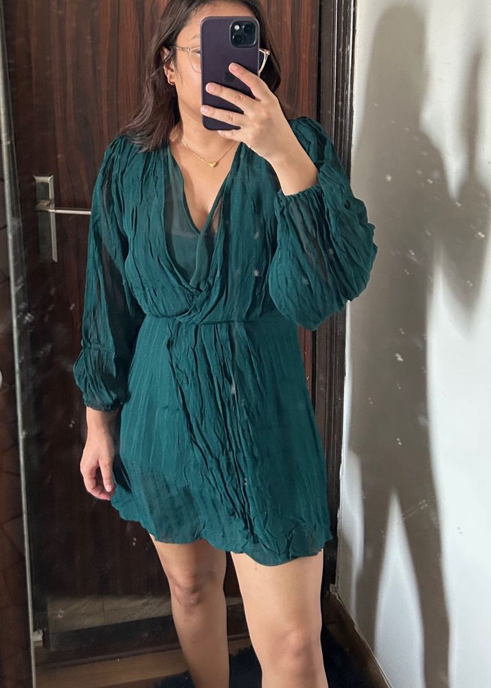 MANGO Emerald Color Wrap Mini Dress