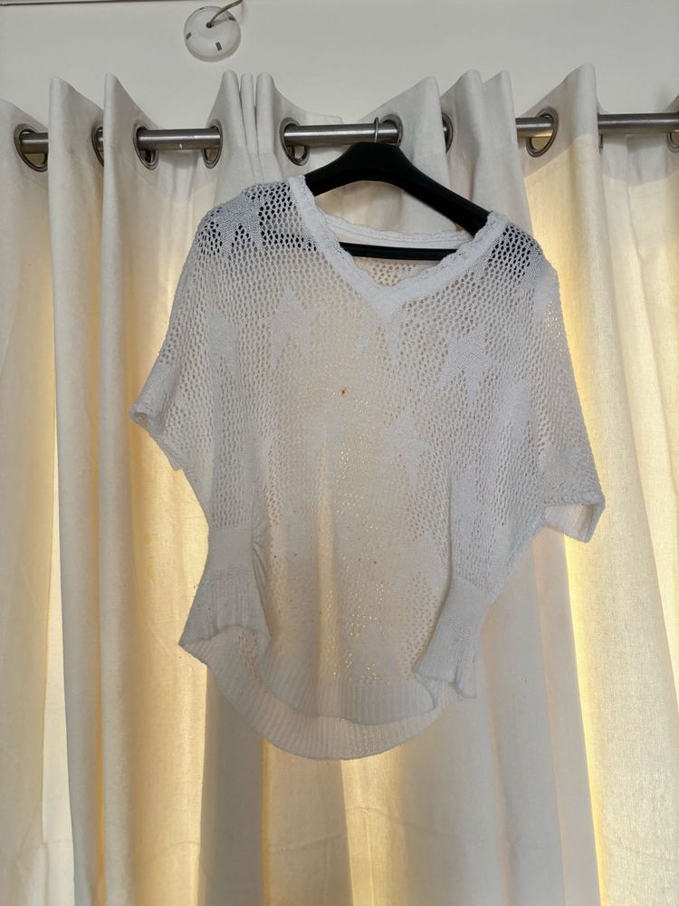 White Knit V-Neck Top