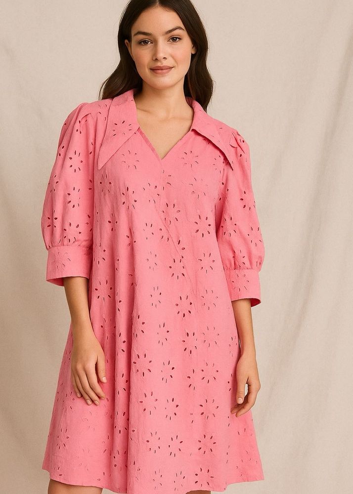 Pink Cotton Eyelet A-Line Dress with Puff Sleeves