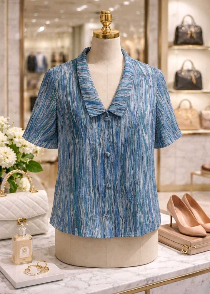 Abstract Blue Green Wavy Stripe Collared Shirt