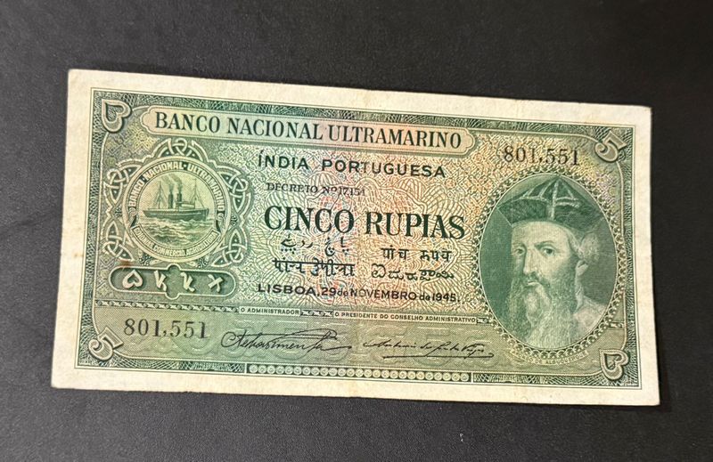 5 Rupias Portuguese India Note Issued In 1945