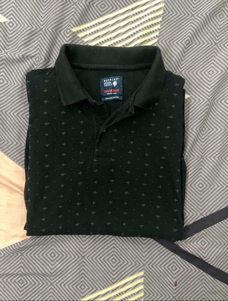Netplay Black Printed Polo Tshirt