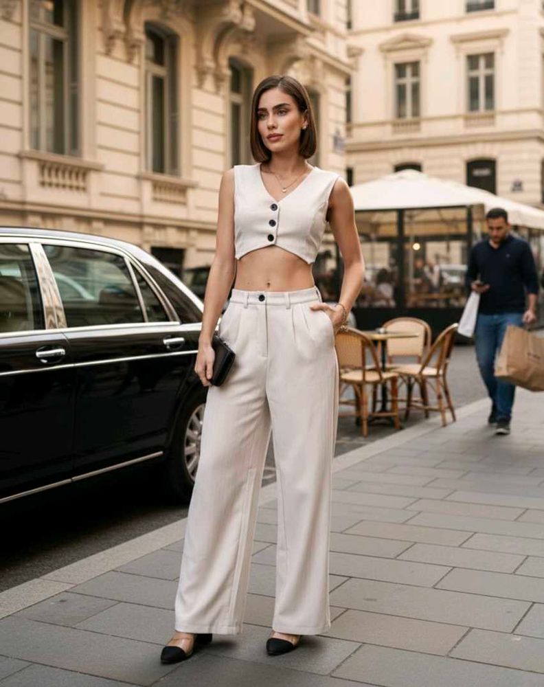 Sleeveless Textured Waistcoat With Wide Leg Pants