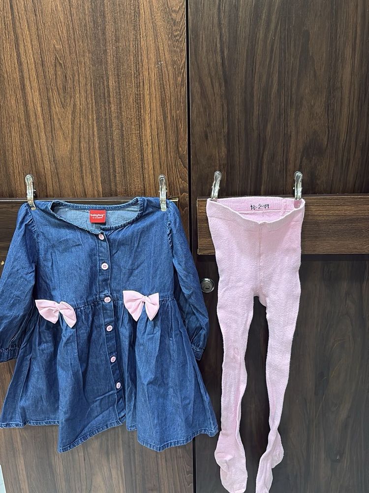 Denim Dress with Pink Leggings