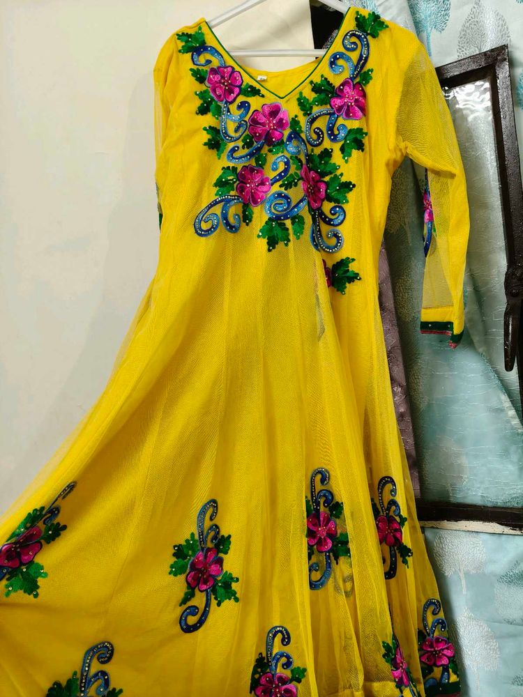 Yellow Anarkali Embroidered Indian Dress