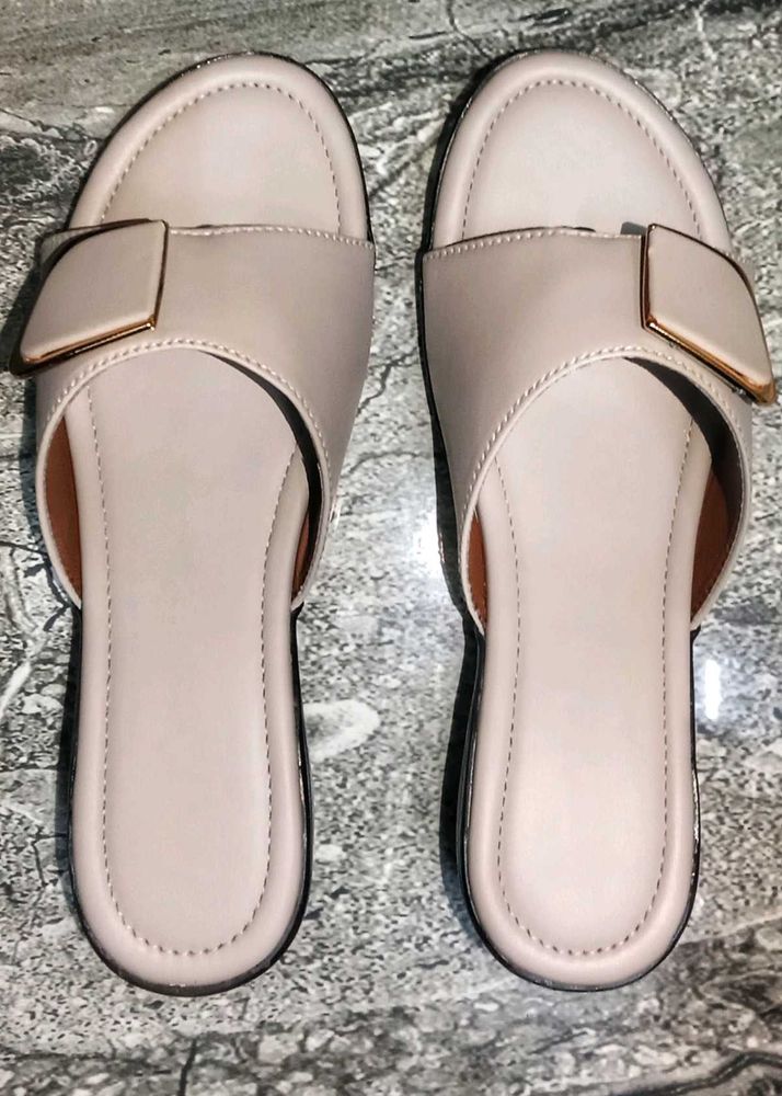 Beige Slide Sandals with Gold Buckle