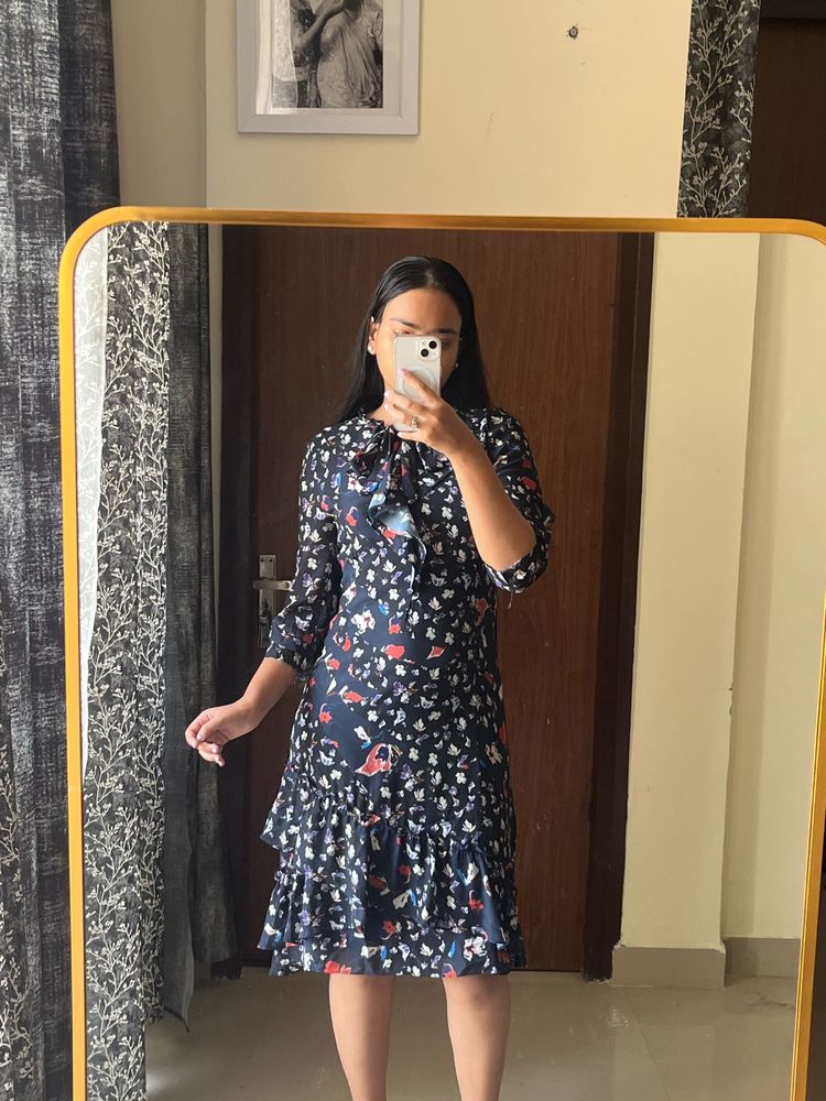 Floral Ruffle Hem Tie Neck Dress