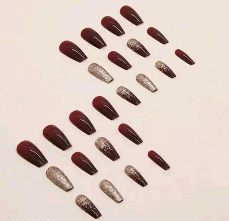 Press-On Nails - Maroon &amp; Glitter combo of 2 sets