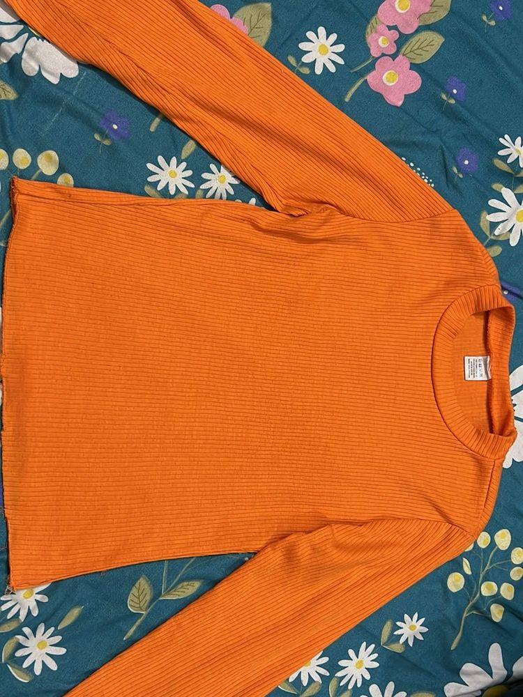 Orange Ribbed Long Sleeve Top