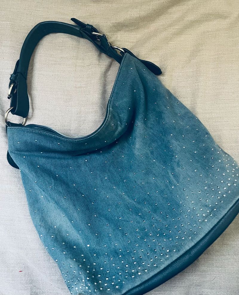 Denim Hobo Bag with Rhinestones