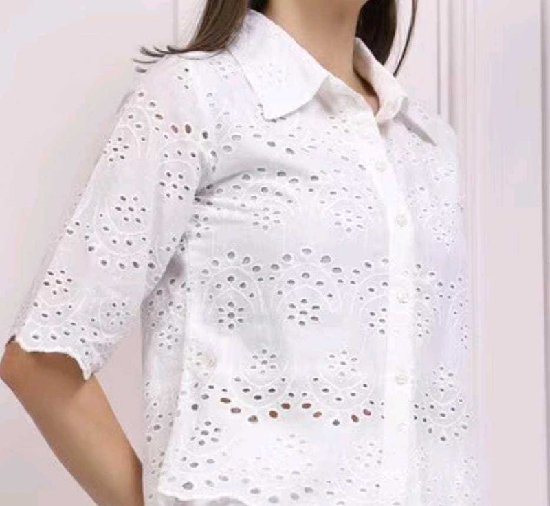 White Eyelet Button-Down Blouse