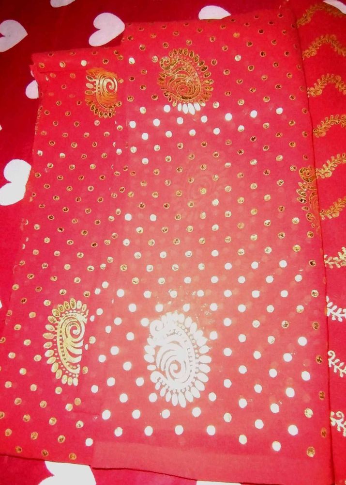 Red &amp; Gold Print Fabric Rajput Dress Material