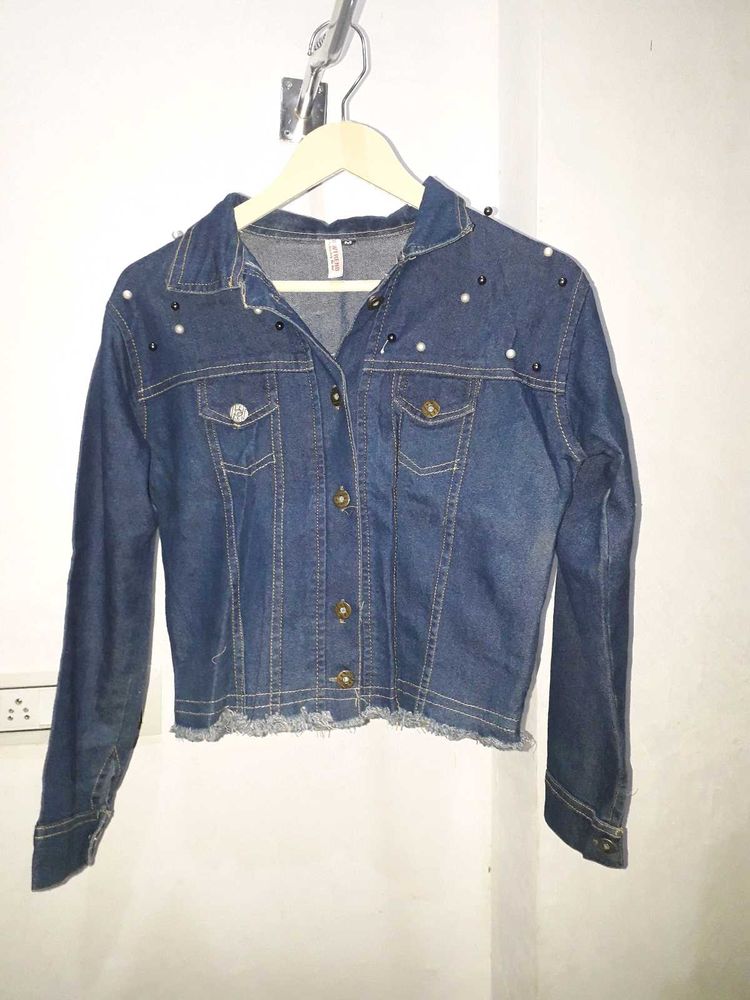Denim Jacket with Pearl Details