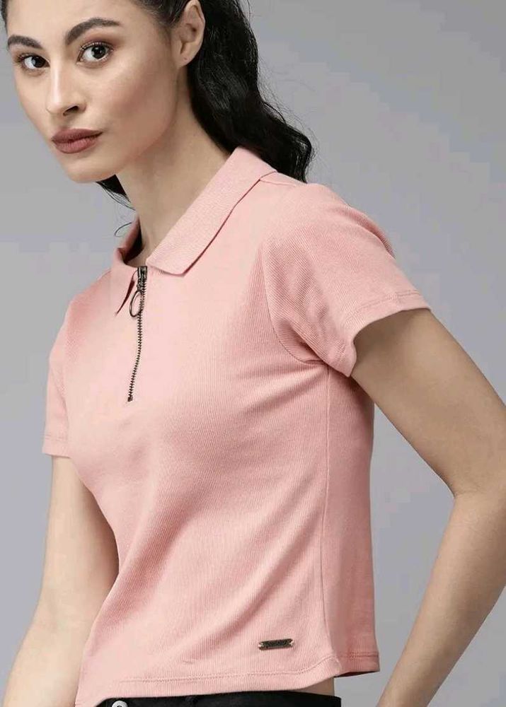 Roadster Peach Solid Polo Crop Top