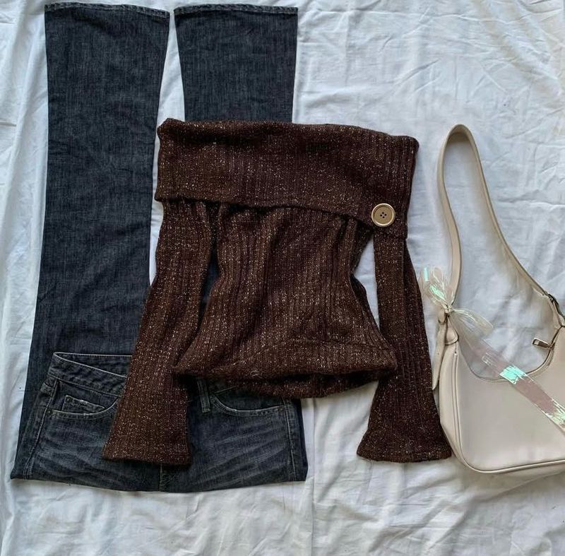 Brown Off-shoulder Knit