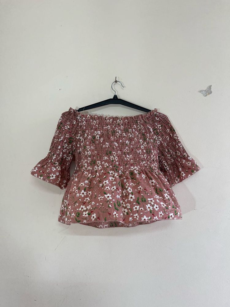 Smocked/shirred Off Shoulder Floral Top