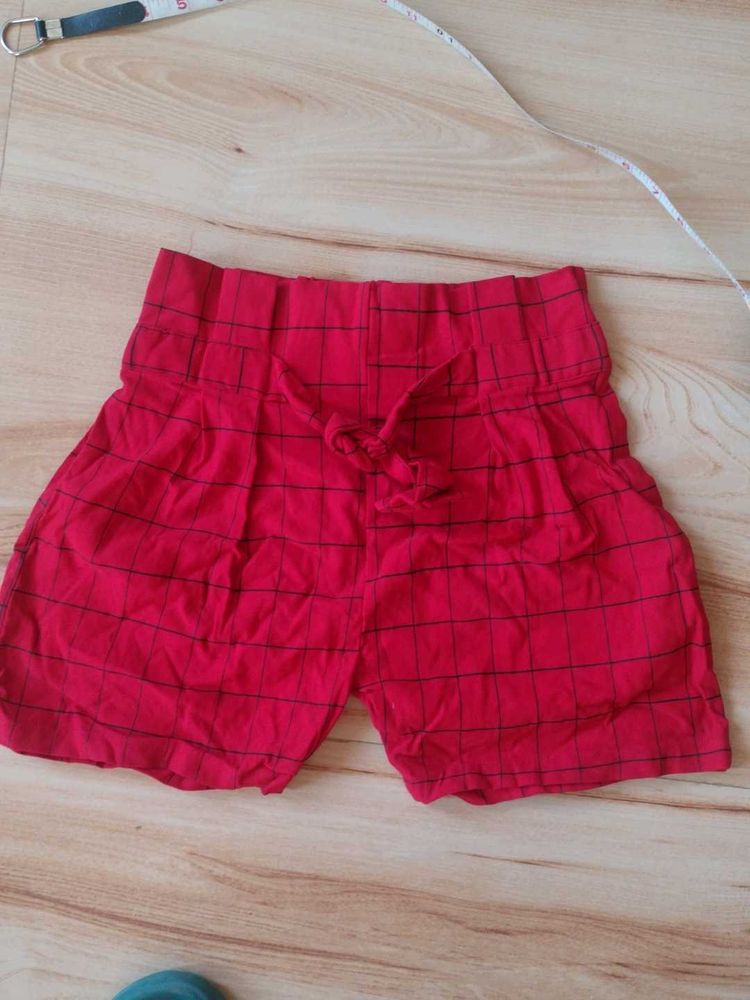 Red Plaid Shorts with Tie