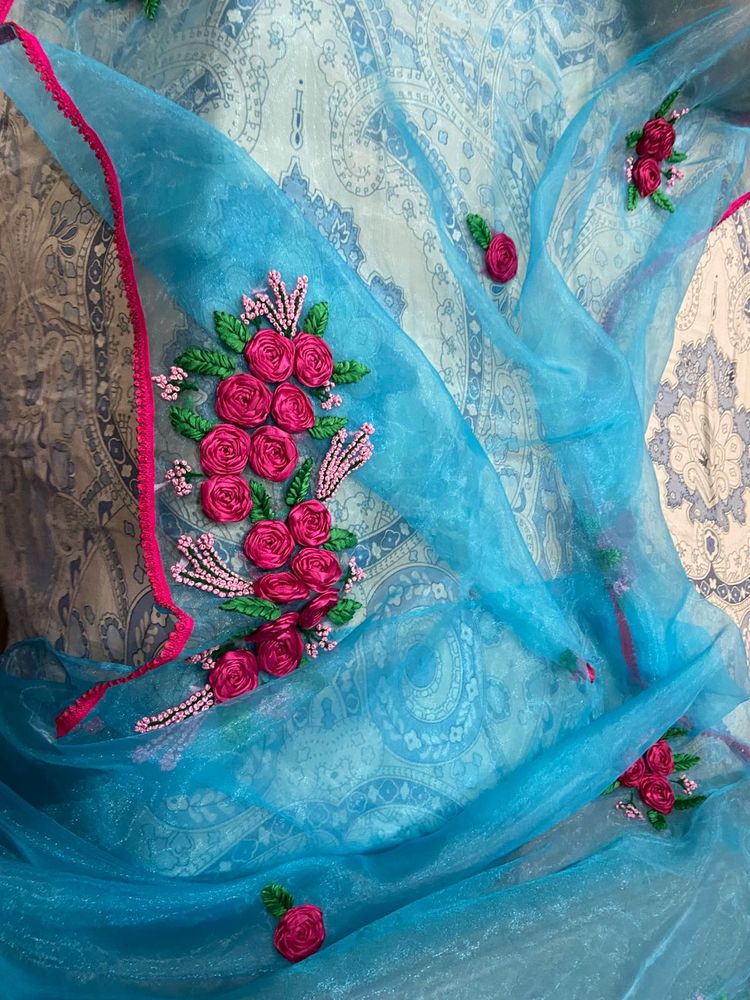 Blue Organza Saree with Floral Embroidery