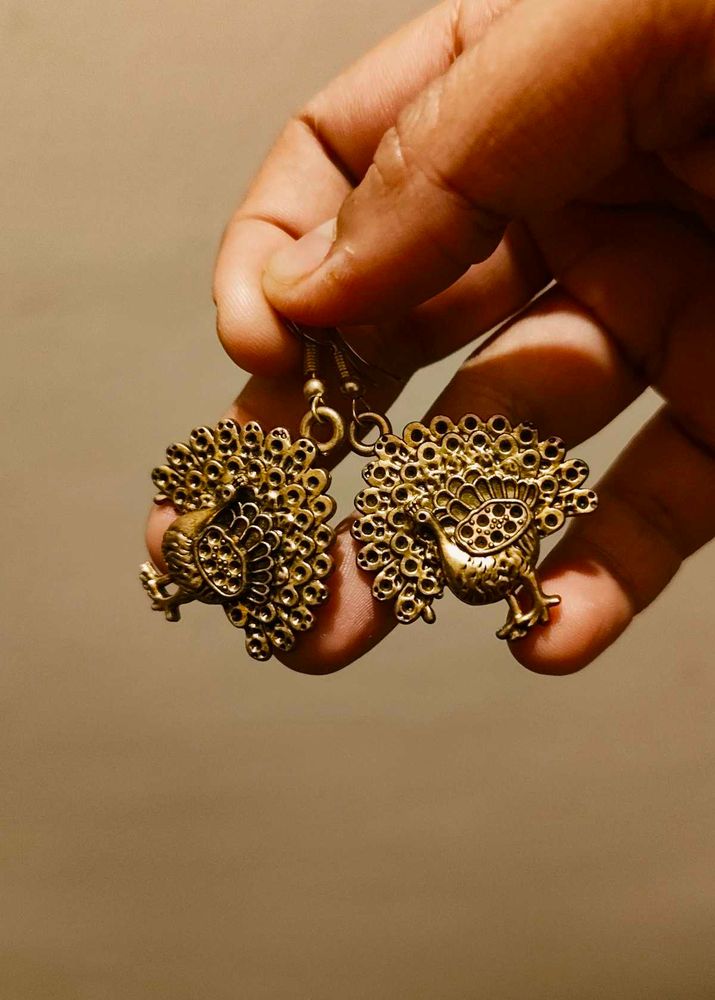 Golden Oxidised Peacock Design Dangler Earrings