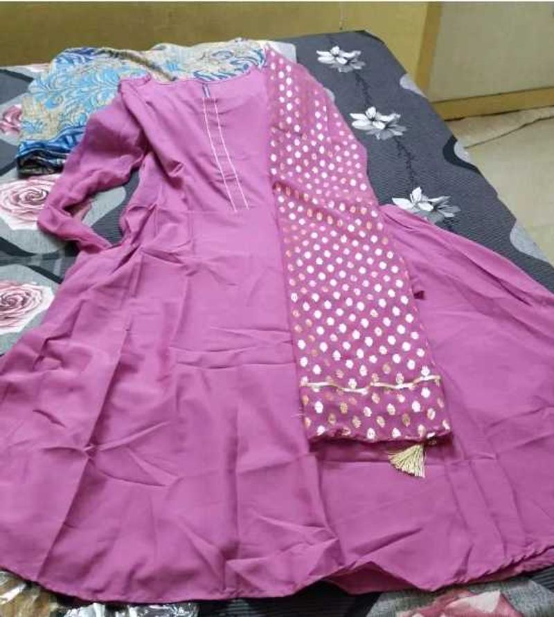 Crepe French Rose Color Anarkali With Duppata