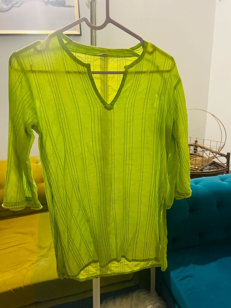 Cotton Neon Green Short Kurta