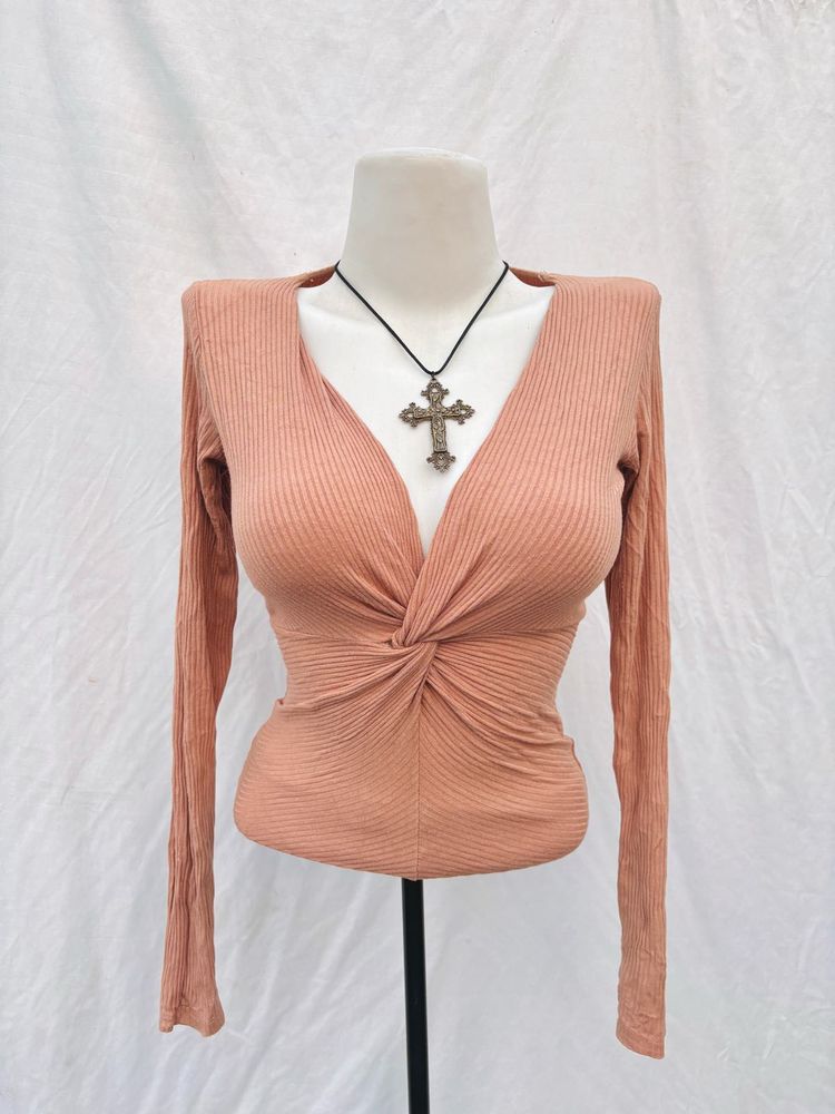Amisu Tan Twist Front Long Sleeve Top