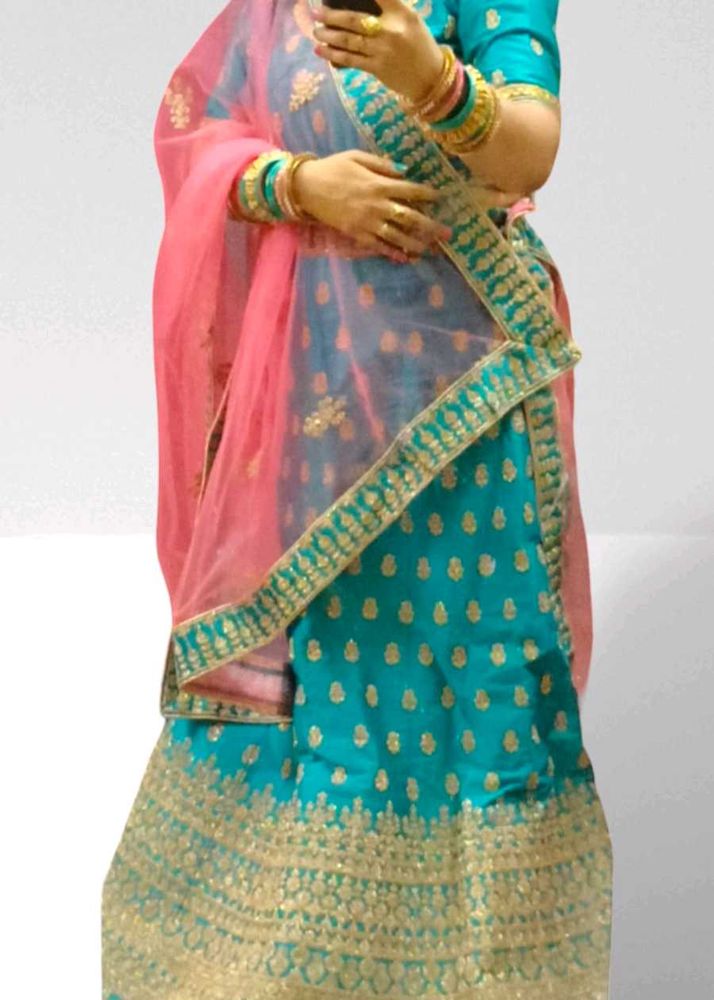 Teal &amp; Pink Embroidered Lehenga